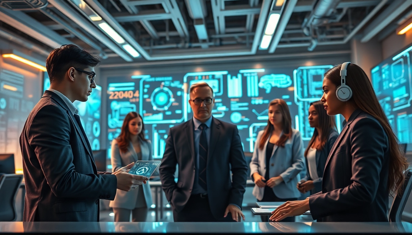 AI agents collaborating in a futuristic office environment showcasing technology and teamwork.
