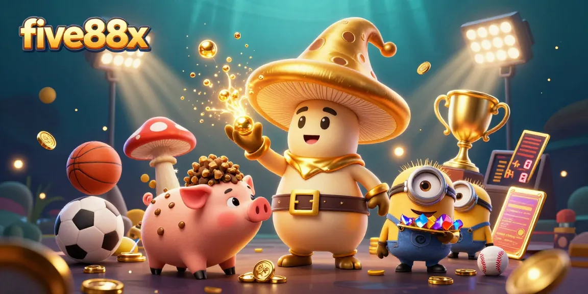 Experience the magic of five88x with a whimsical, treasure-filled 3D casino fantasy scene from our colorful universe.