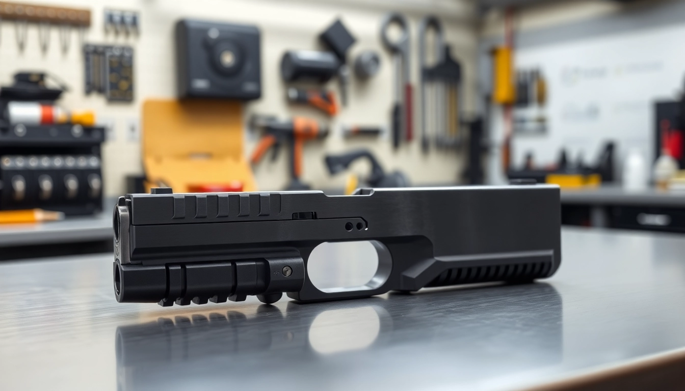 Showcase of glock 43 slide with precision craft and modern workshop details.