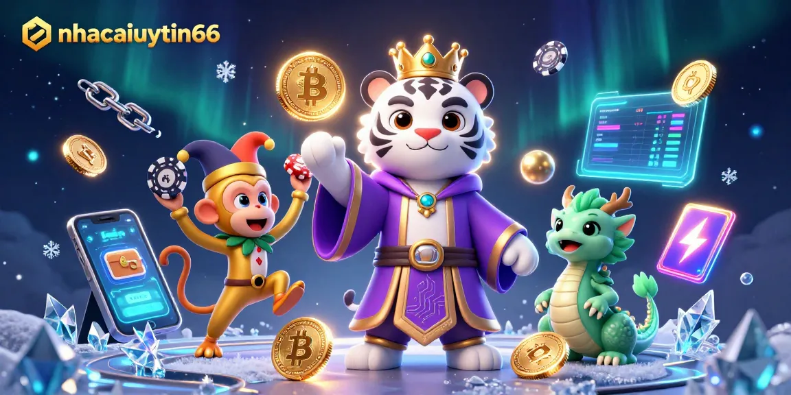 nhacaiuytin66 showcases a vibrant casino scene with a white tiger and monkey in gambling-themed art