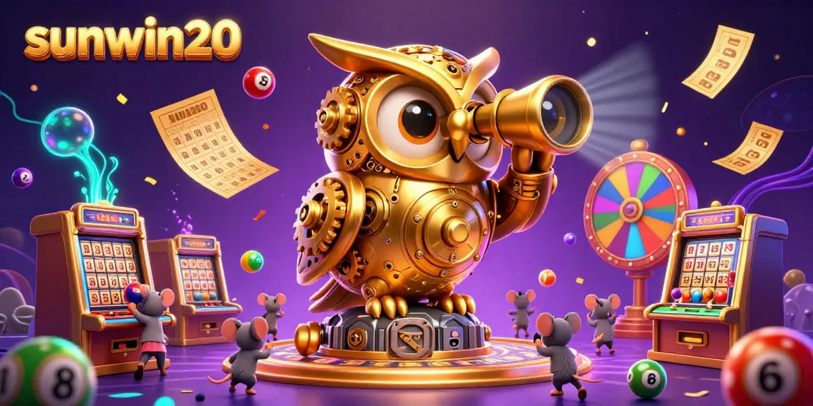 Engage with sunwin20 as the 3D golden owl surveys a vibrant casino floor filled with colorful prizes.