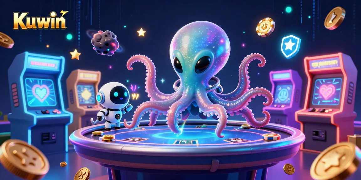 Kuwin showcases vibrant arcade elements where a cartoon octopus interacts with a holographic poker table in space.
