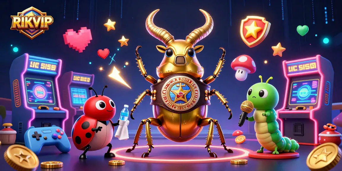Experience the electrifying action at RIKVIP with the golden stag beetle, arcade games, and vibrant casino elements.