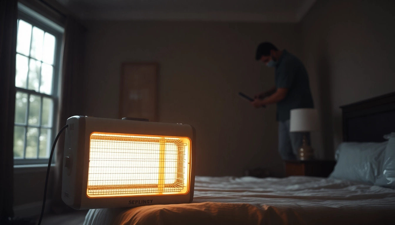 Effective bed bug heat treatment in progress by a pest control professional with specialized equipment.