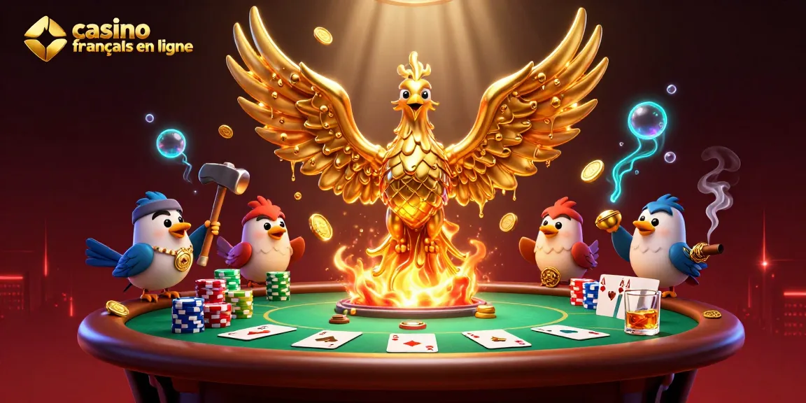 Jouer au casino français en ligne avec le phoenix doré transformant des métaux en pièces sous l'éclat des lumières.