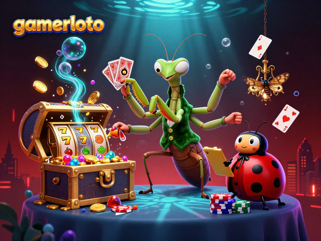 Experience gamerloto's vibrant casino scene with a praying mantis dealer and dynamic slot action.