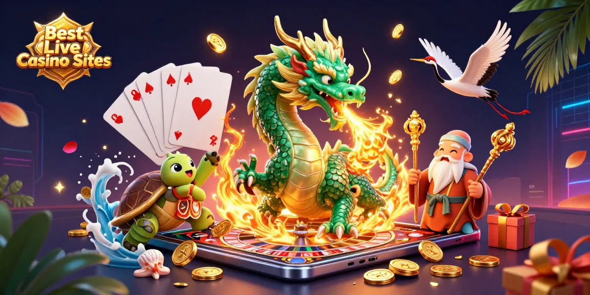 Experience the excitement of Best Live Casino Sites with a dynamic 3D scene featuring iconic gaming elements.