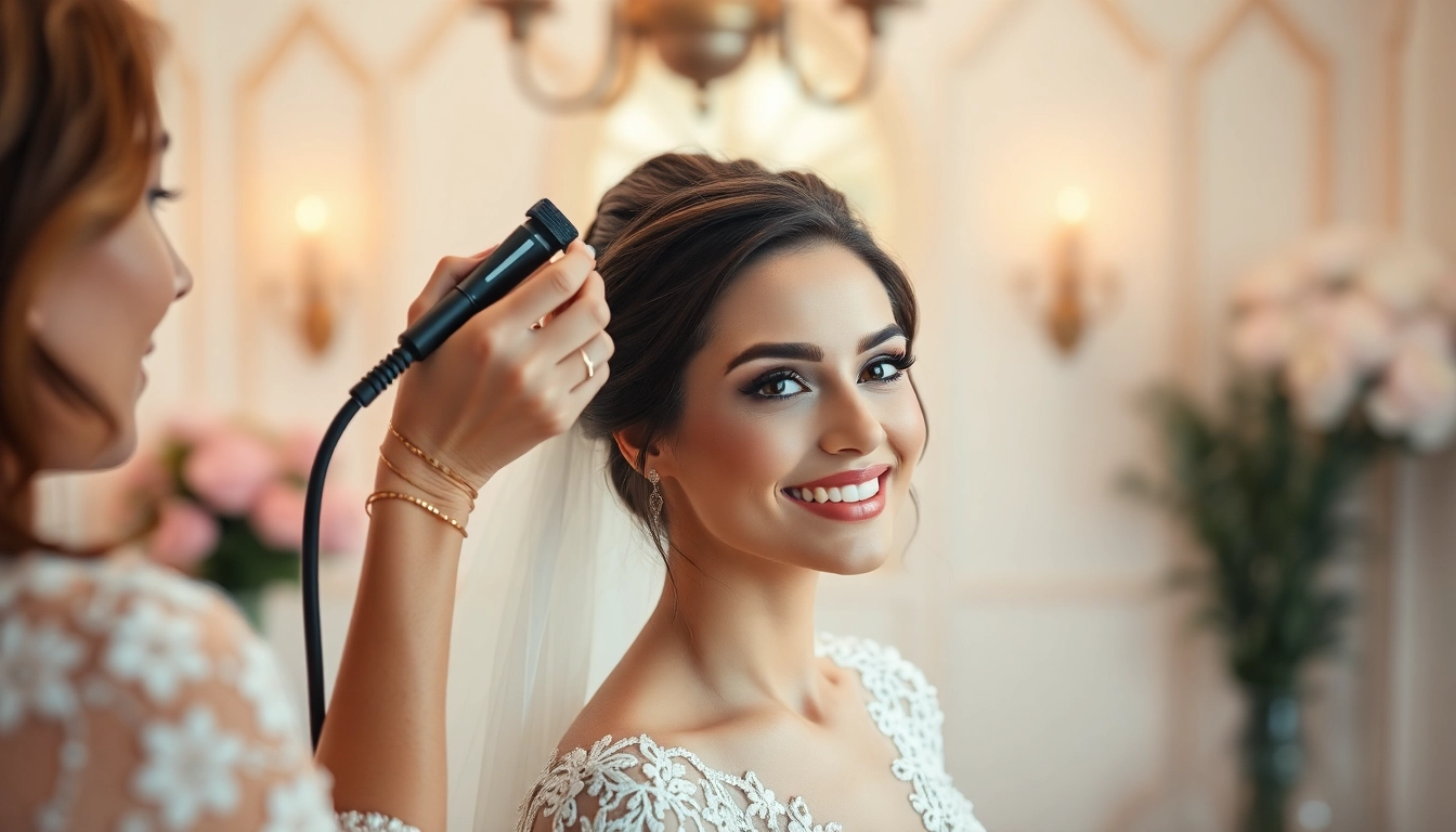 Bridal makeup artist applying wedding airbrush makeup Dallas in a chic studio setting