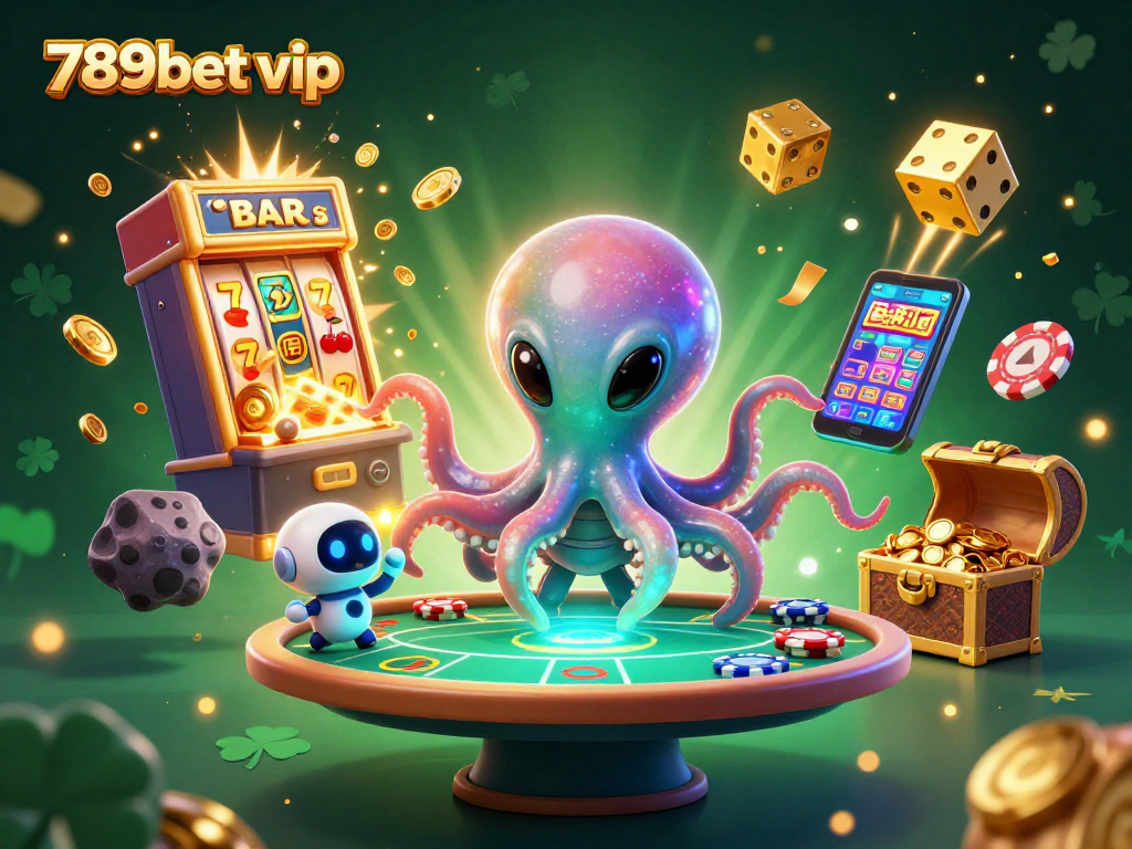 Play thrilling games with 789bet vip at an eye-catching 3D casino featuring an alien octopus and dynamic slot machines.
