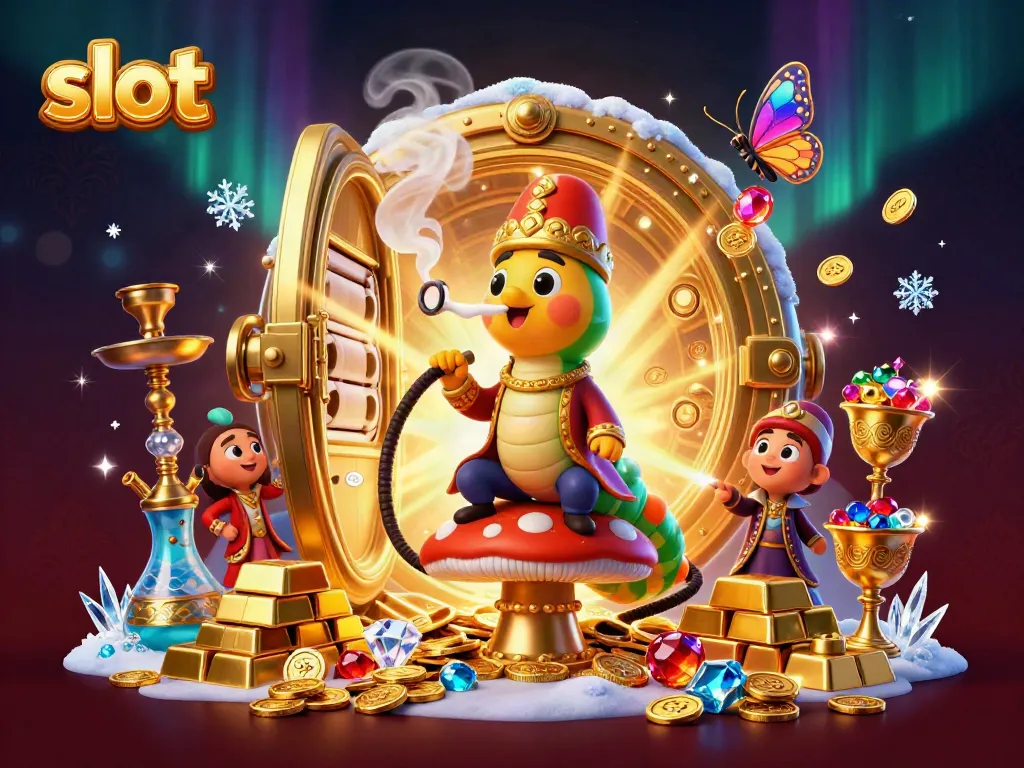 Permainan slot yang menarik dengan karakter kartun raksasa, simbol jackpot, dan banyak koin emas.