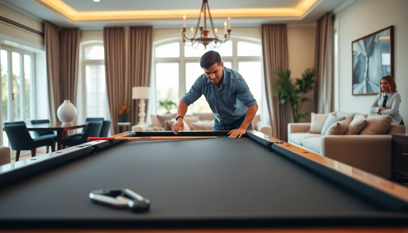 Pool table mover dfw expertly disassembling a slate pool table in a stylish home.