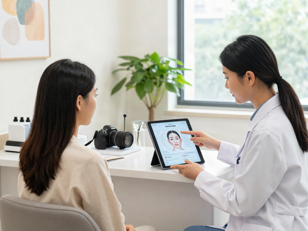 Consultation on ClinicEvo cheaper than QOVES in a modern beauty clinic, showcasing personalized facial analysis.