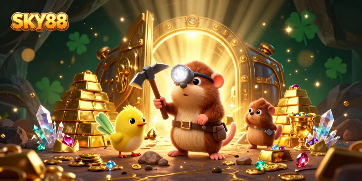 SKY88 treasure hunter mole in a vibrant casino scene mining gems and gold