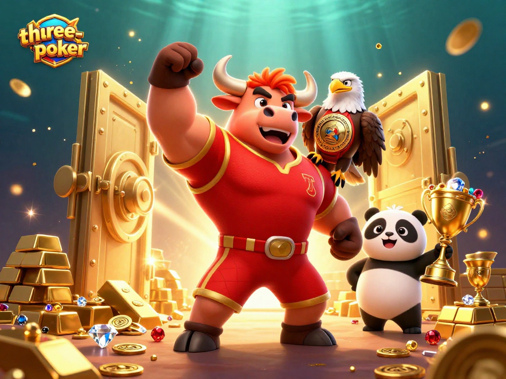 Engage with three-card-poker excitement featuring a lively bull mascot, eagle, and panda amidst treasures.