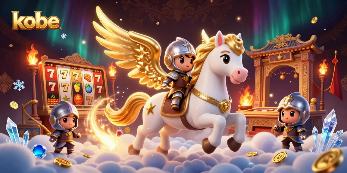 Kobe casino illustration showing a lively 3D scene with a celestial horse, knight, and dynamic slot reels.