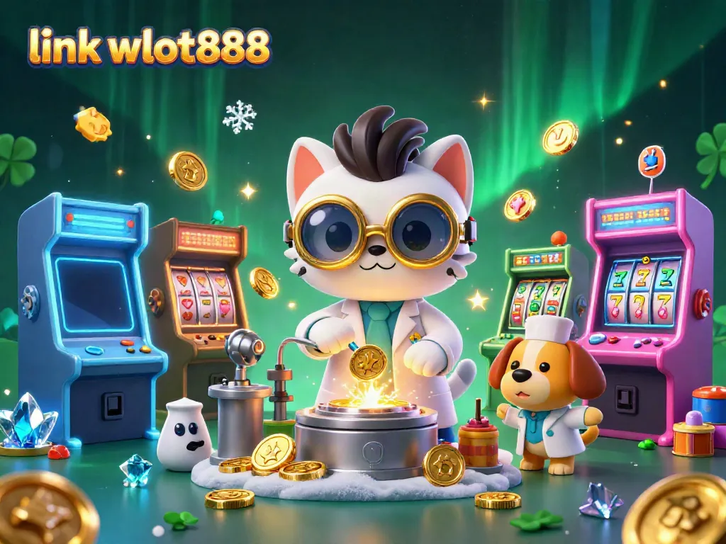 Menggandakan koin dengan link wslot888, ilustrasi kartun ilmuwan kucing di lab permainan.