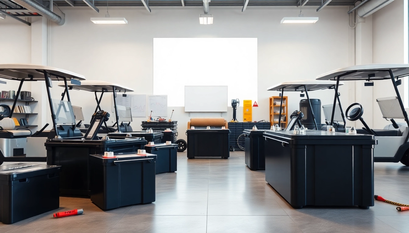 Showcasing lithium golf cart batteries with sleek designs in a well-lit showroom.