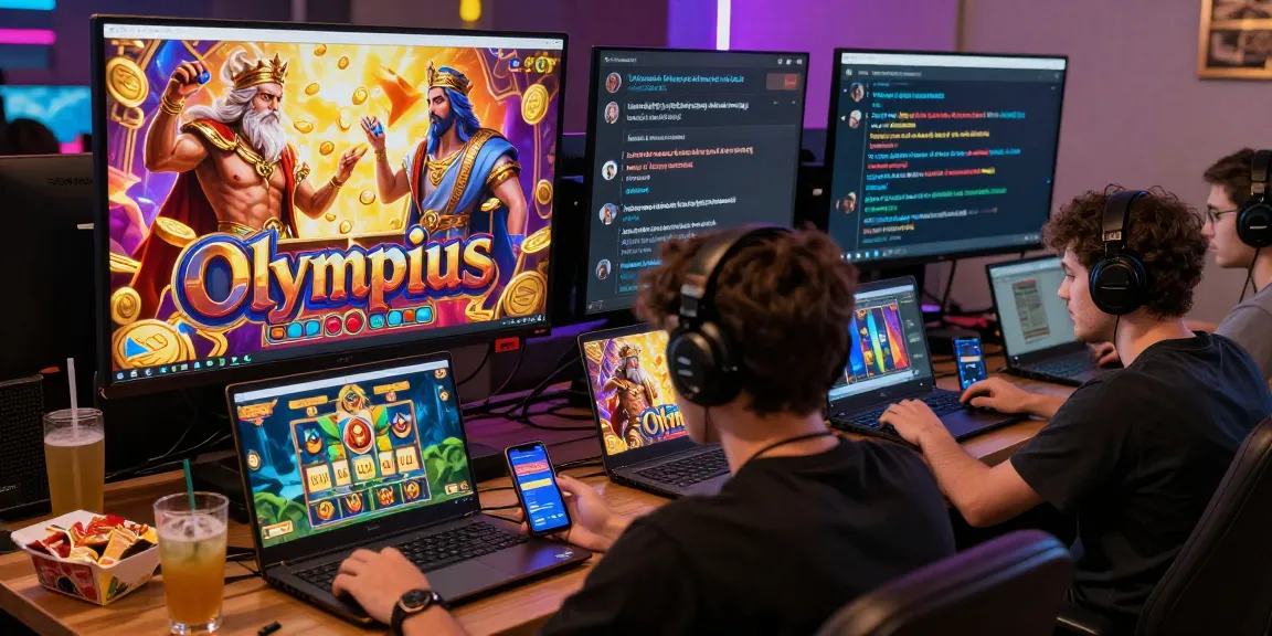 Players enjoying slot olympus games online, surrounded by vibrant visuals and an engaging community atmosphere.