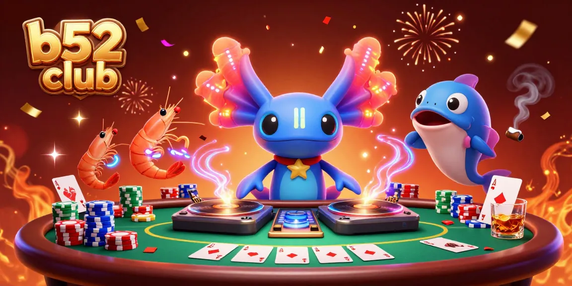 Engage with b52 club's vibrant casino atmosphere featuring a 3D axolotl DJ and poker excitement.