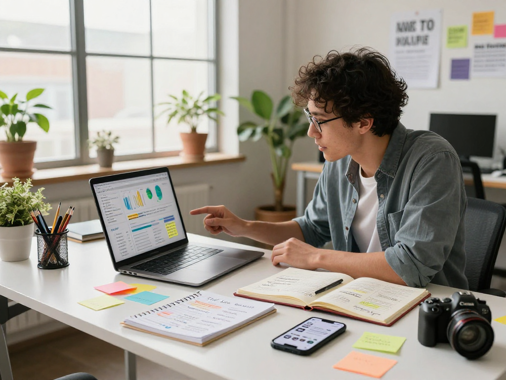 Content strategist analyzing metrics and creating content for mantra88 in a vibrant workspace.