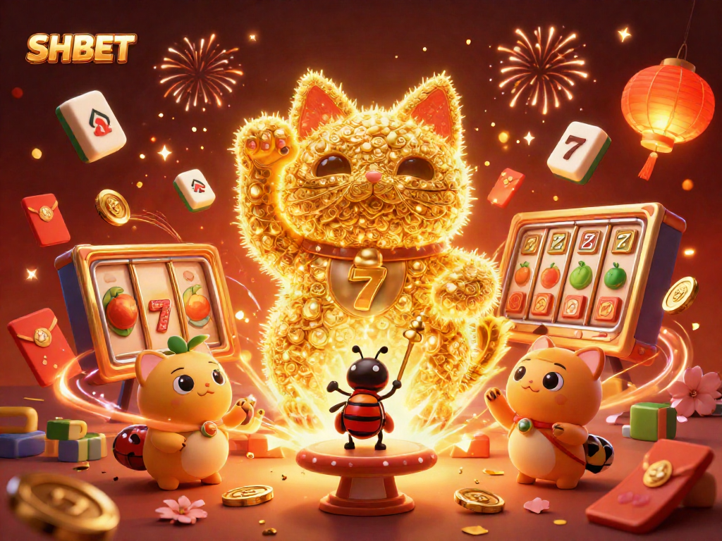 Engage in winning strategies at SHBET with vibrant casino elements and a lucky cat in celebration.