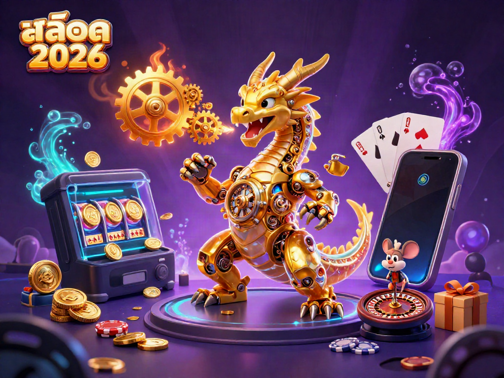 Engage with สล็อต 2026 through a vibrant 3D digital illustration showcasing a golden dragon and slot game elements.