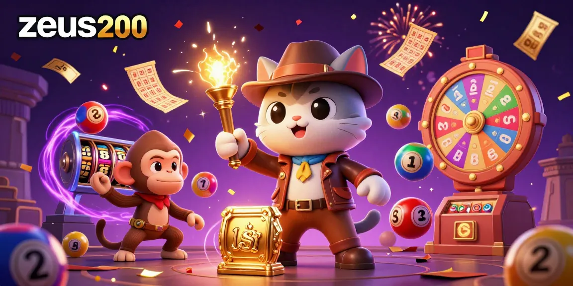 Permainan slot zeus200 dengan kucing arkeolog dan monyet, dikelilingi bola lotere berwarna-warni.
