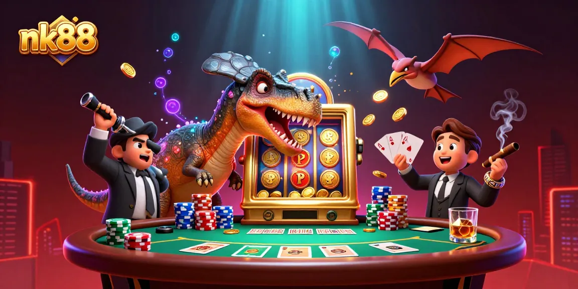 Win big at nk88 with a pachycephalosaurus and friends celebrating jackpot coins amid dynamic casino action.
