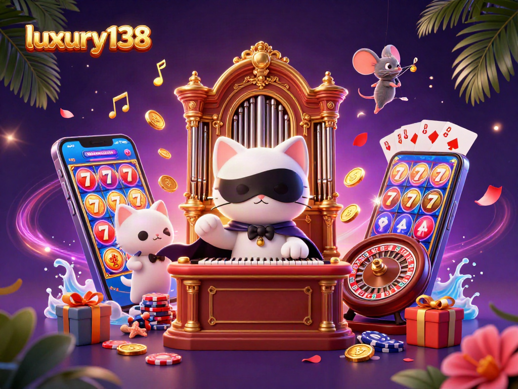 luxury138 menampilkan permainan slot dengan karakter kucing dan mouse di kasino yang megah.