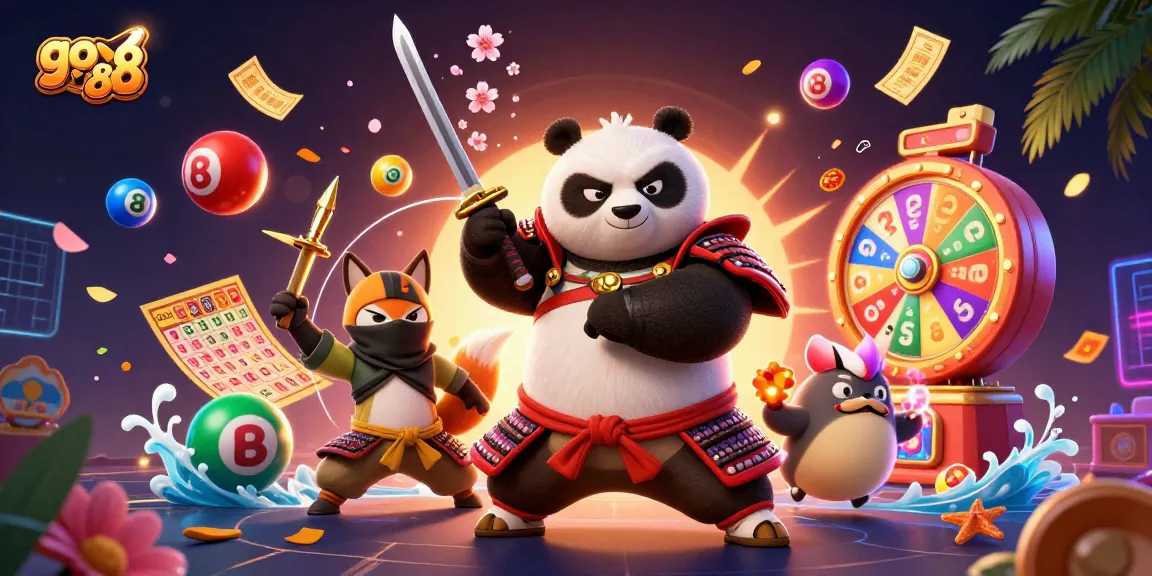 Join the fun at go 88 with samurai panda and friends as they enjoy vibrant lottery games and prizes.