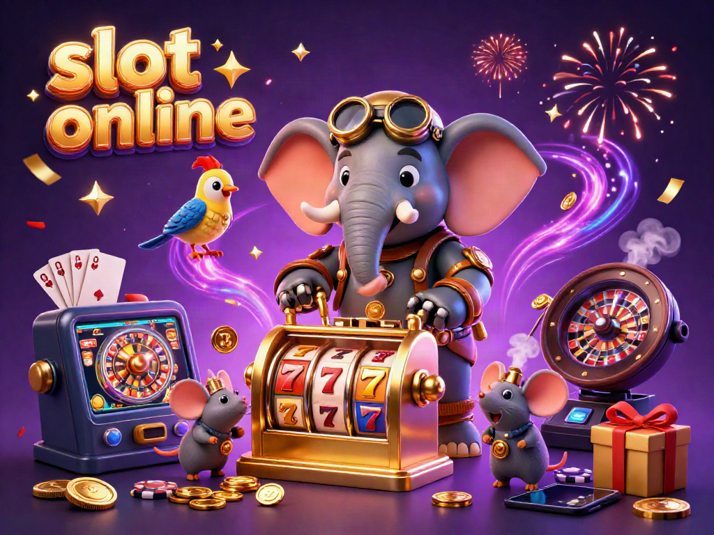 Experience the excitement of slot online games with a steampunk elephant operating a golden slot machine surrounded by colorful gaming elements.