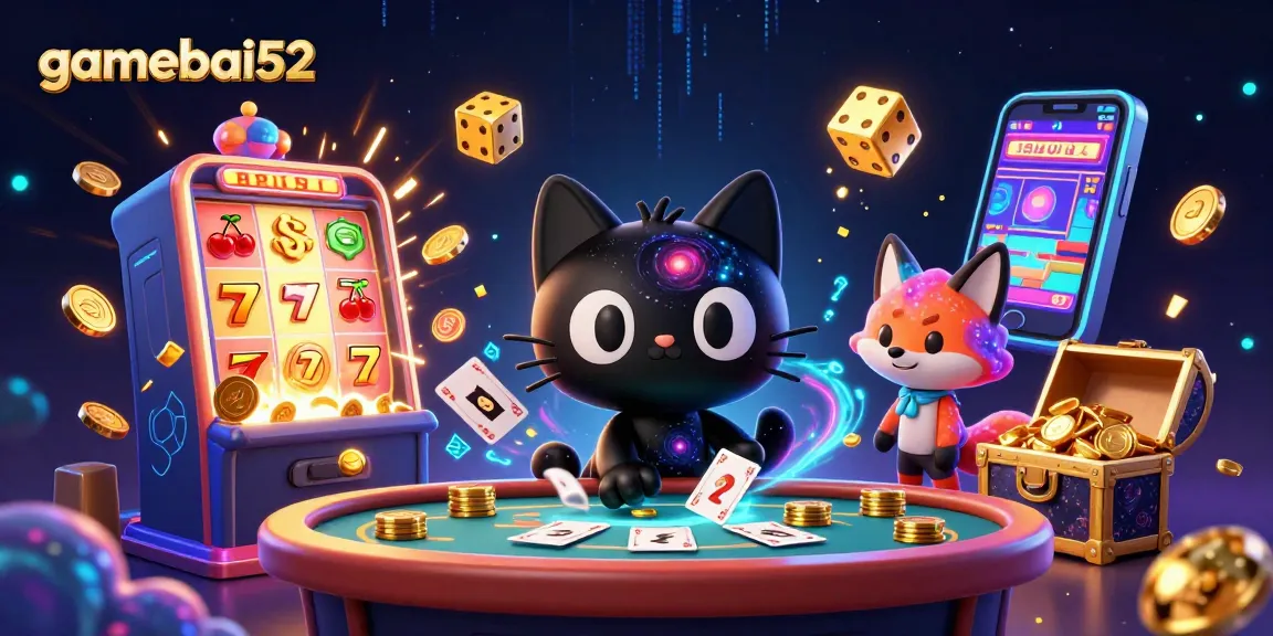 Engaging cosmic casino scene featuring gamebai52 characters attracting golden chips and cards.