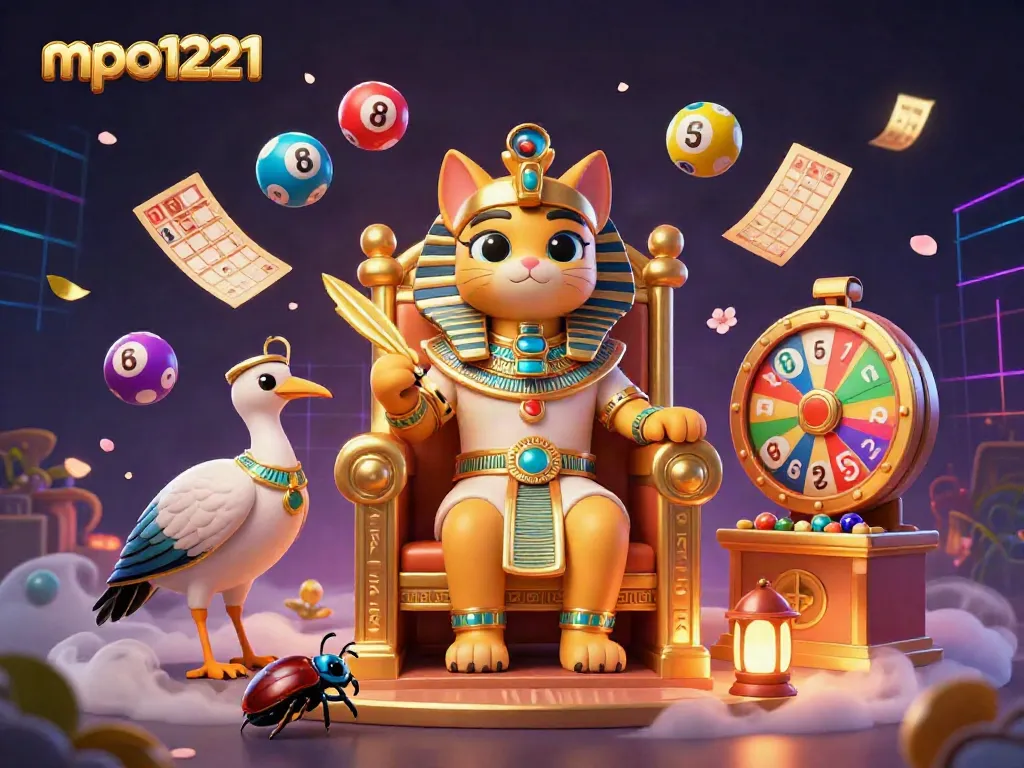 Engage with mpo1221's vibrant casino scene featuring a pharaoh cat and lottery elements in dynamic action.