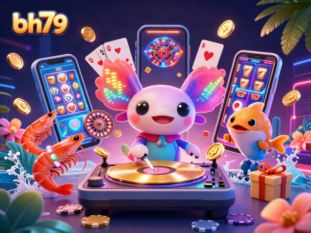 Engage with bh79's vibrant casino scene featuring a neon axolotl DJ and exciting game elements.