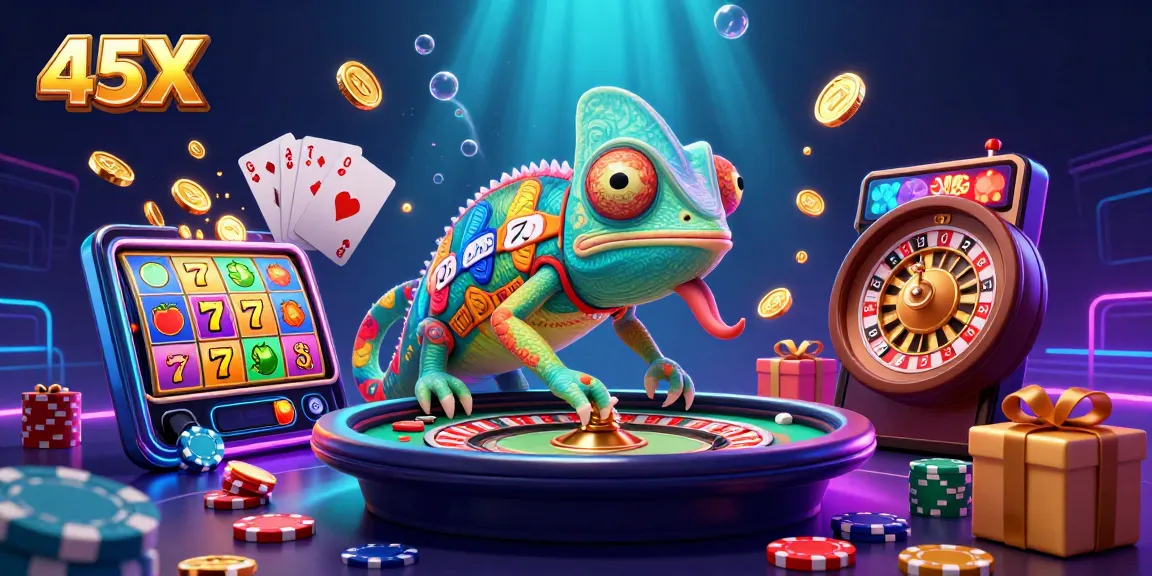 Engage in vibrant gaming excitement at 45X featuring a colorful 3D chameleon casino owner.
