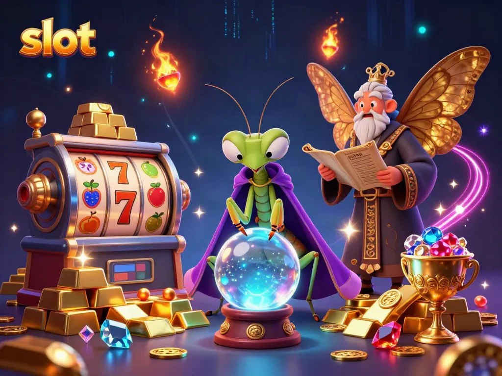 Mainkan slot dengan ilustrasi karakter menarik dan simbol permainan yang memukau di latar belakang.