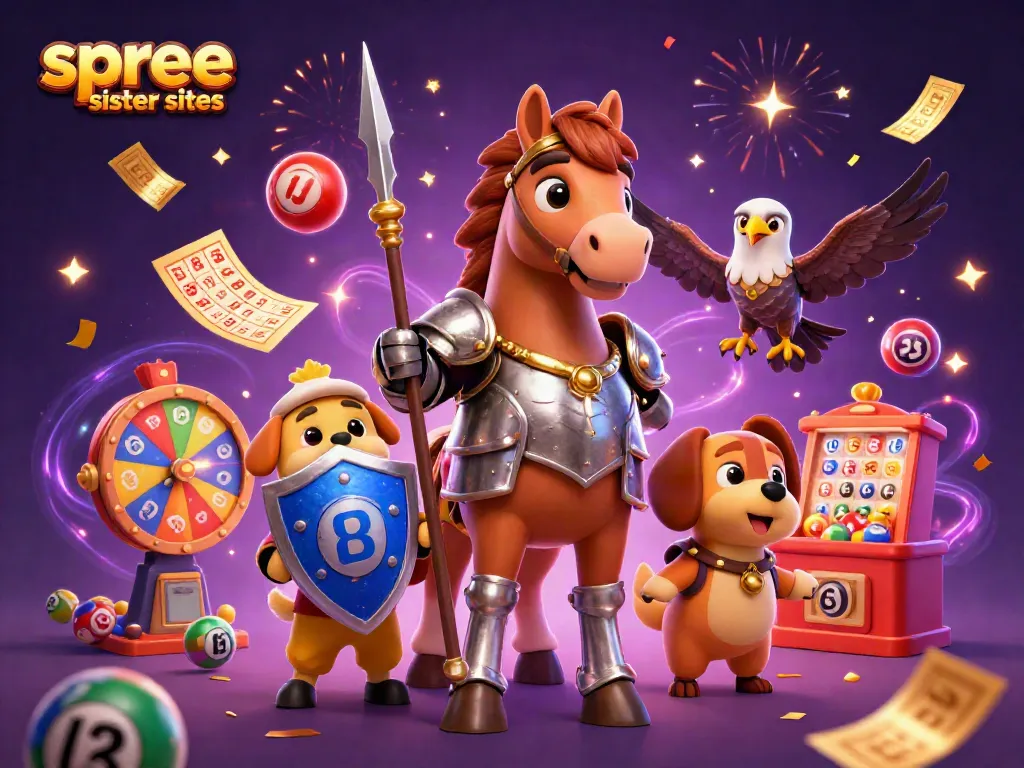 Engage with the lively scene of spree sister sites featuring dynamic lottery elements and festive characters.