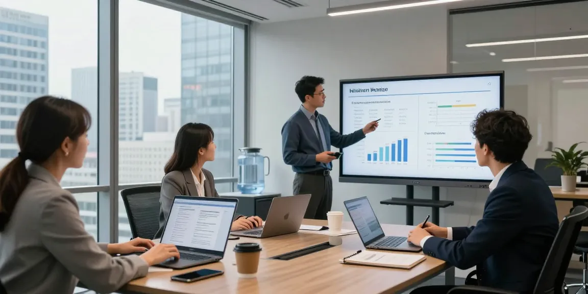 Compare vendors effectively during a team meeting in a modern office.