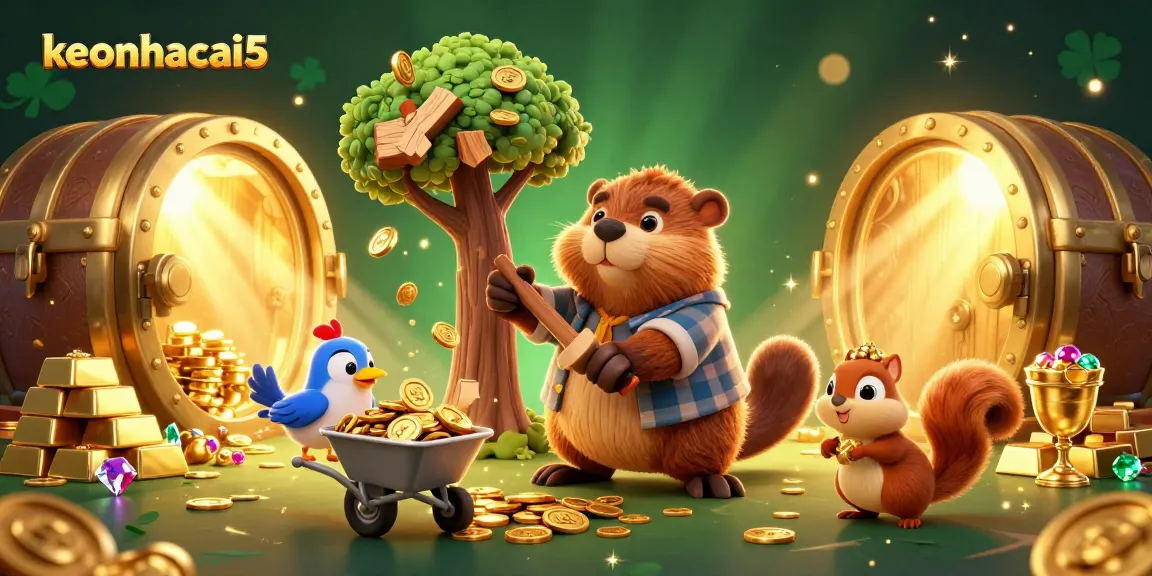 Engage with keonhacai5 as a cartoon beaver rains golden coins within a vibrant casino scene.