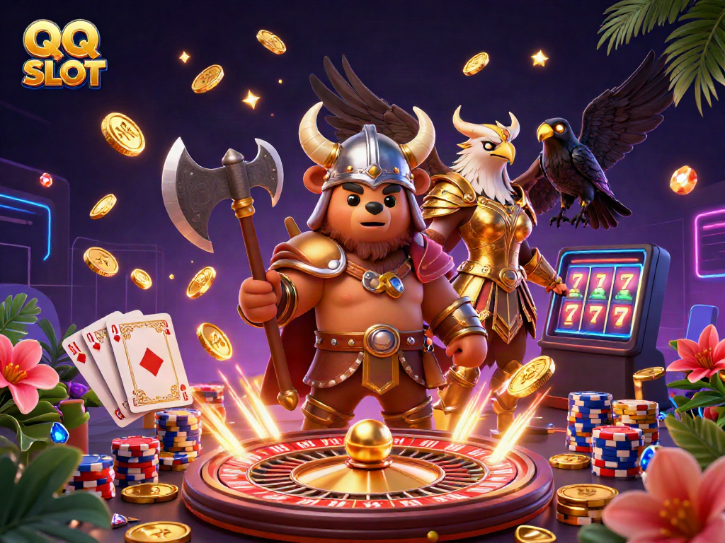 Experience thrilling gameplay with QQ SLOT as characters and casino elements surround you.