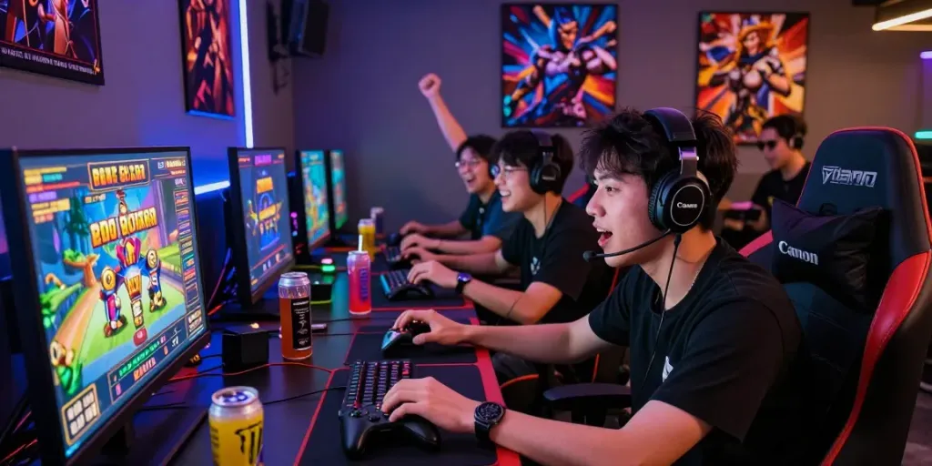 Excited players enjoying slot gacor games in a vibrant gaming room, capturing the thrill of online gaming.