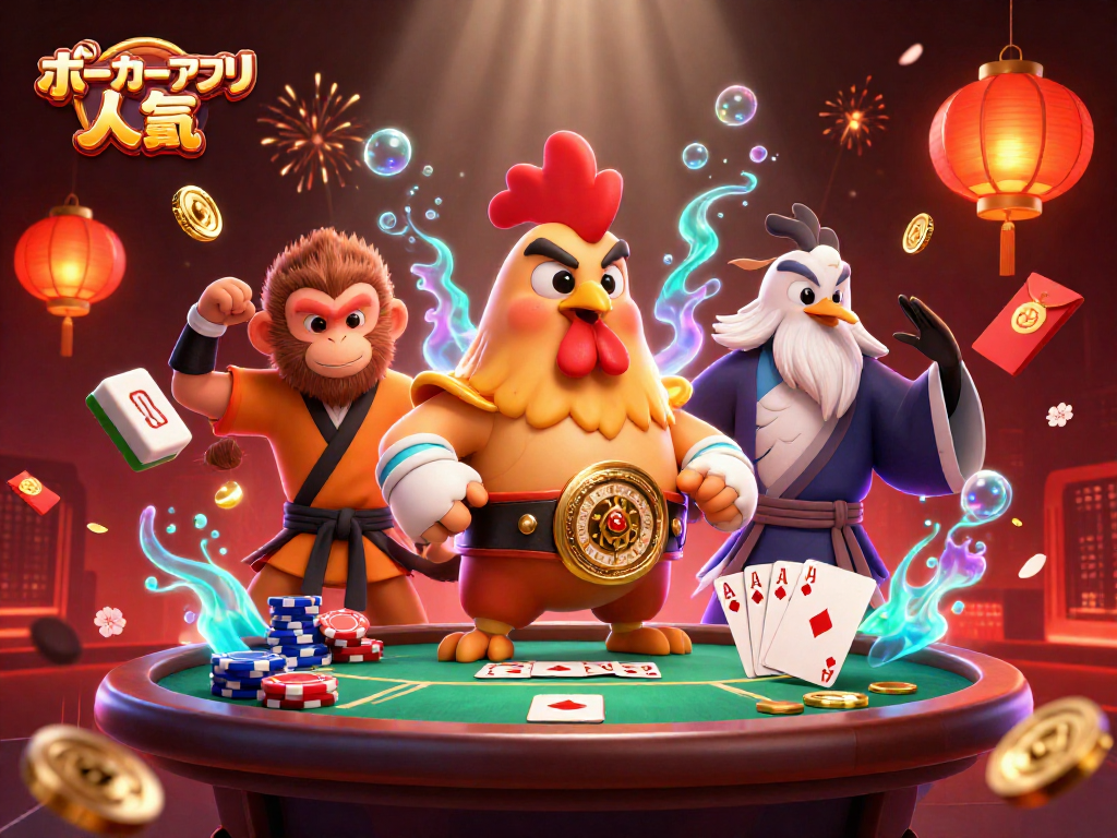 ポーカーアプリ 人気のダイナミックなシーンで、ポーカー要素を散りばめた3Dイラスト。
