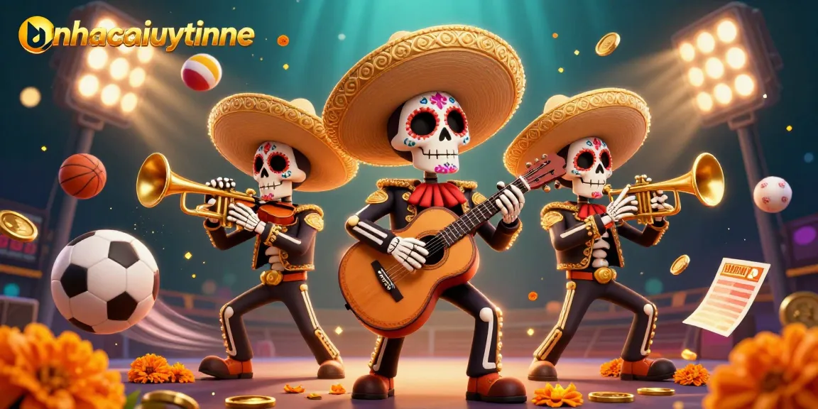 Join the excitement with nhacaiuytinne as vibrant mariachi skeletons celebrate sports betting amidst dynamic elements.