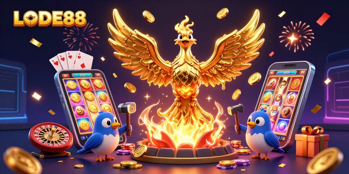 Experience thrilling wins with LODE88 as golden phoenixes soar amidst exciting casino elements.