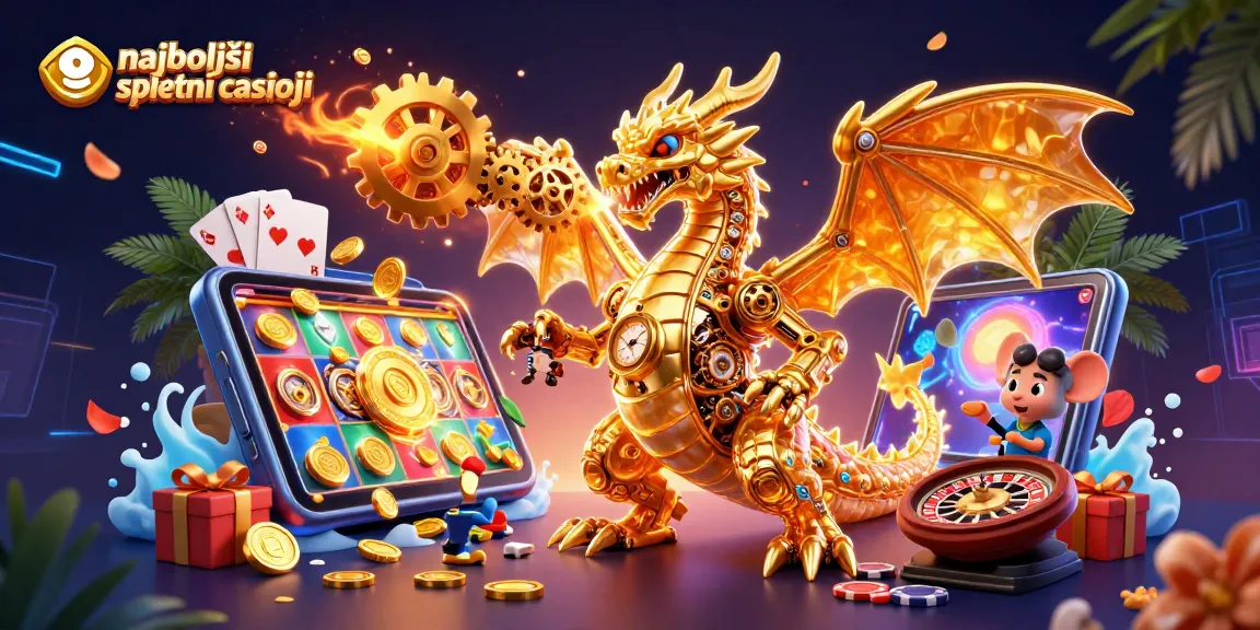 Uživajte v najboljšem spletnem kazinoju z dinamično 3D ilustracijo z zlatim zmajem in igralnimi elementi.