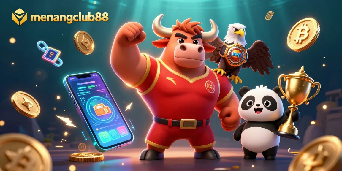 Win big with menangclub88 in this vibrant esports-themed digital illustration featuring competitive characters.