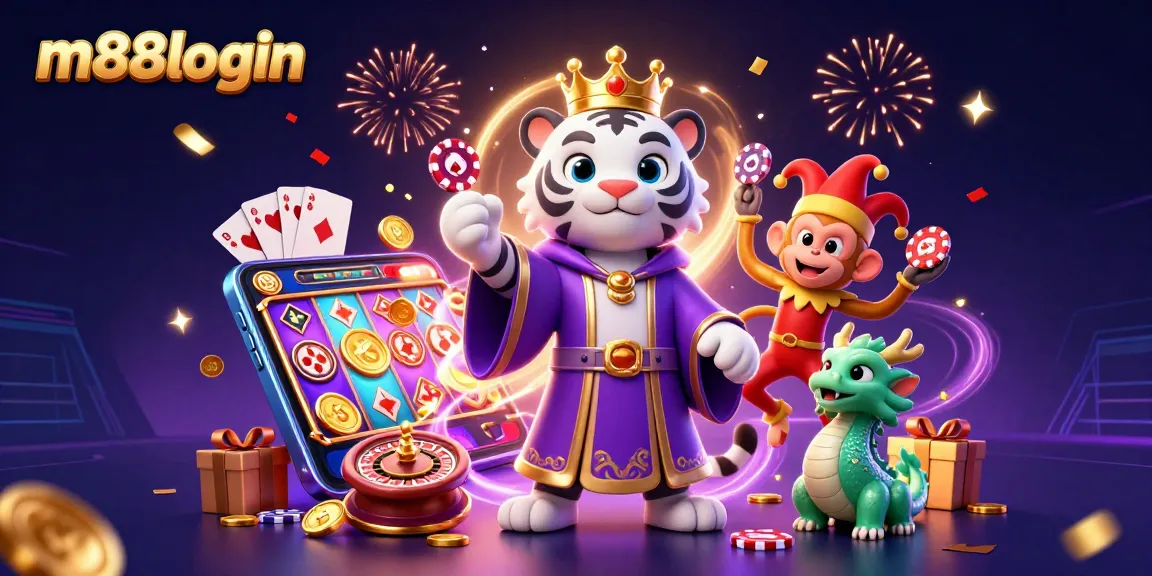 Experience thrilling games at m88login with a vibrant scene of a royal tiger, playful monkey, and dynamic gaming elements.