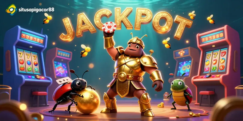 Engage in excitement with situsapigacor88 as a hercules beetle triumphantly raises a poker chip amidst colorful casino elements.