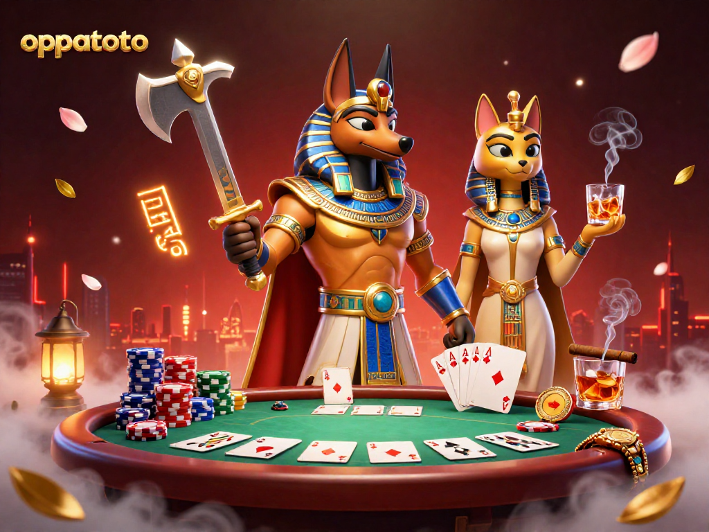 Experience thrilling gameplay at oppatoto with Anubis and Bastet amidst a vibrant poker scene.
