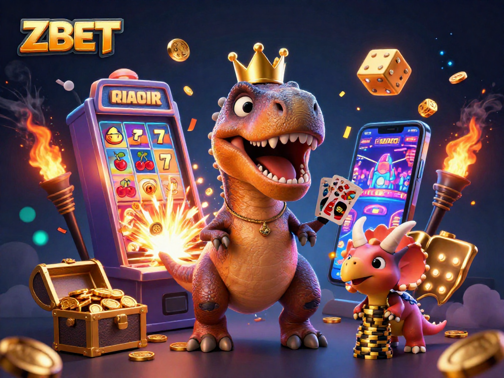 ZBET showcases an action-packed gaming scene with a friendly T-Rex and casino elements for a thrilling experience.